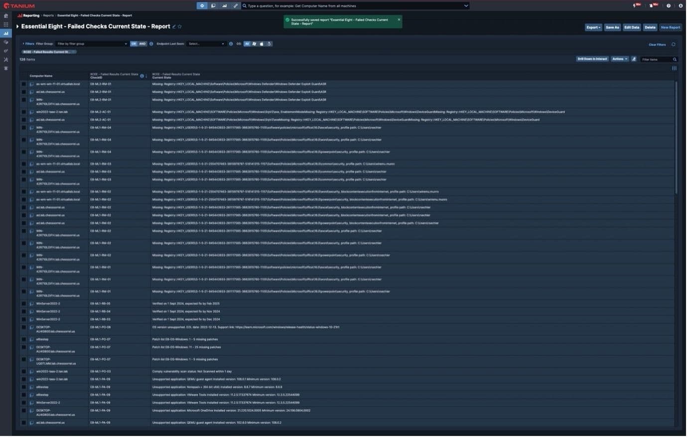 Screenshot of Essential Eight reporting report in Tanium console