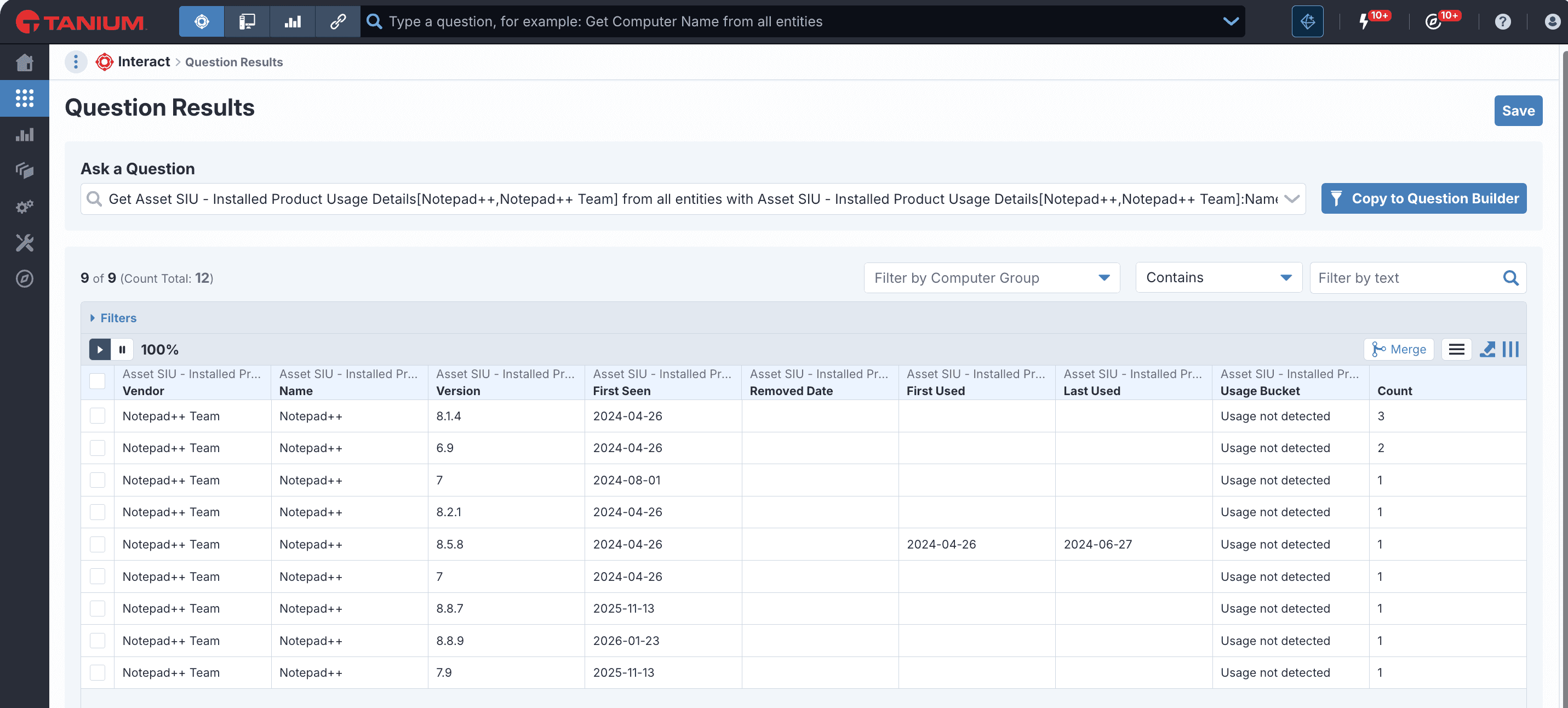 Screenshot of Tanium Interact showing Notepad++ instances