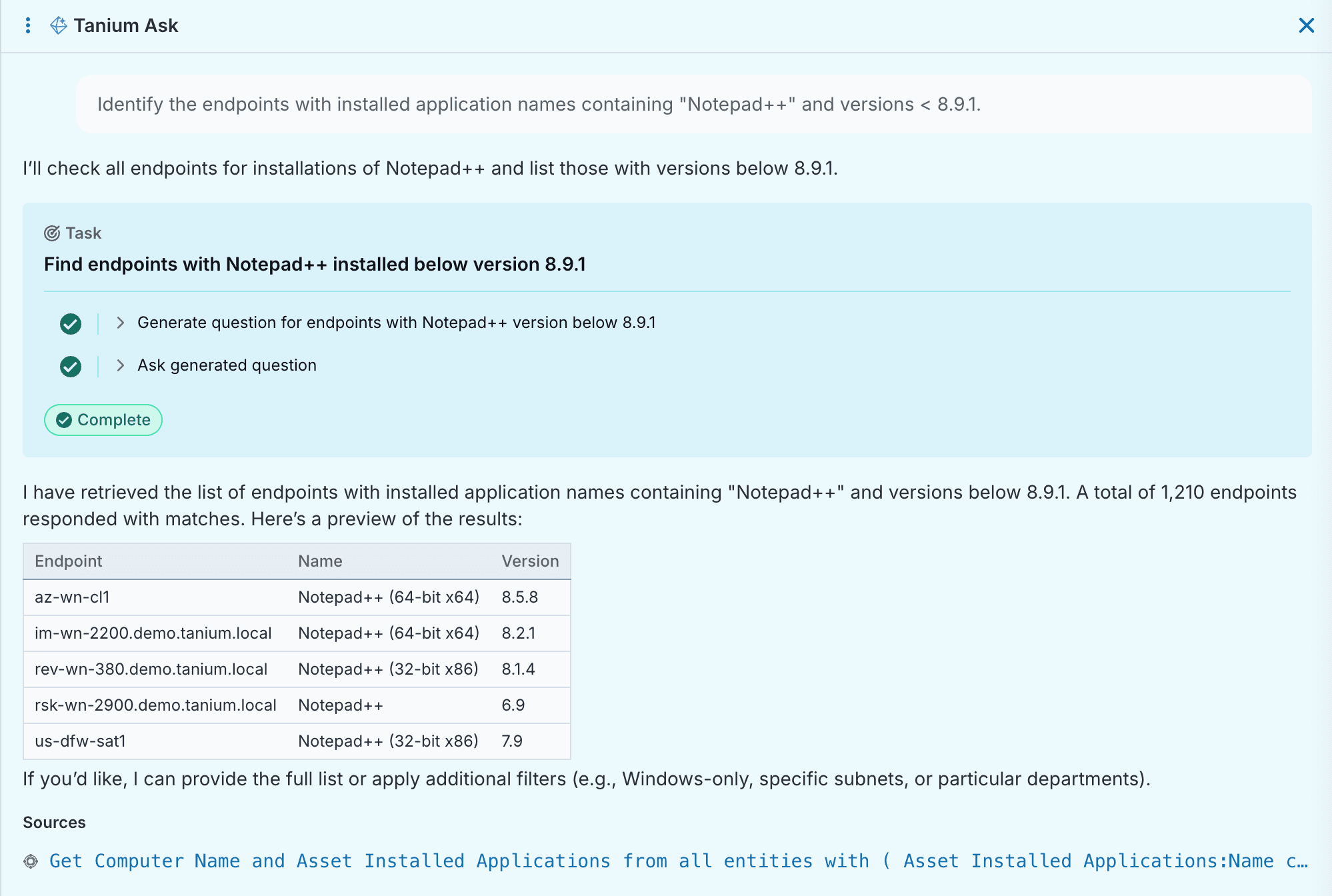 Screenshot of Tanium Ask showing endpoints with Notepad++
