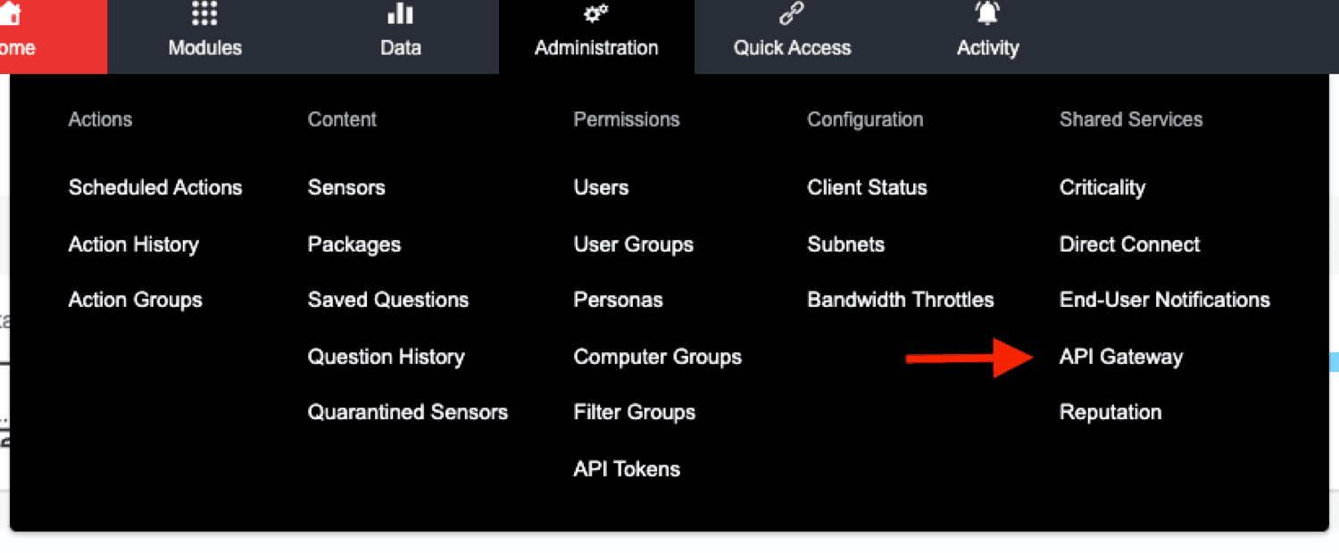 Screenshot 2: Showing where the API Gateway is in the Tanium console