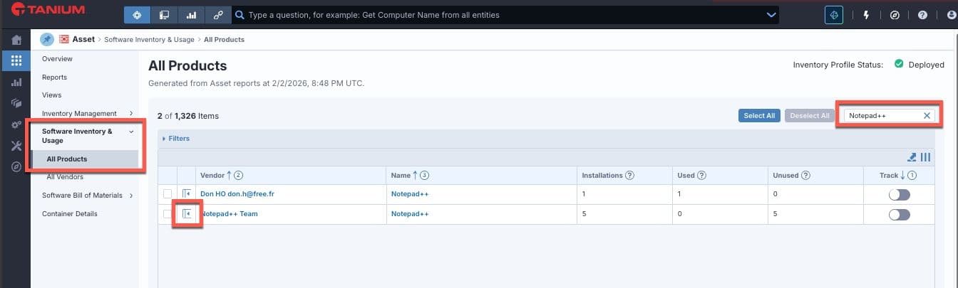 Screenshot of Tanium Software Usage and Inventory with clickpath to find devices running Notepad++