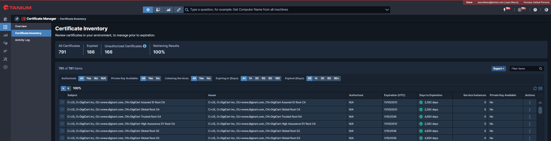Figure 1: The Certificate Inventory tab introduces the ability to launch actions like “Replace” or “Download Certificate,” which can be accessed under the Actions column.
