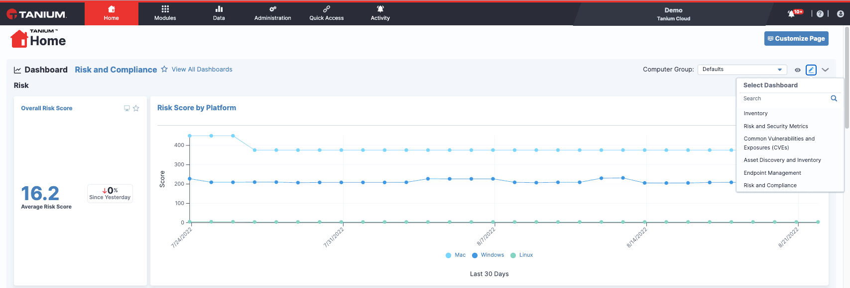 Tanium Console Homepage Screenshot
